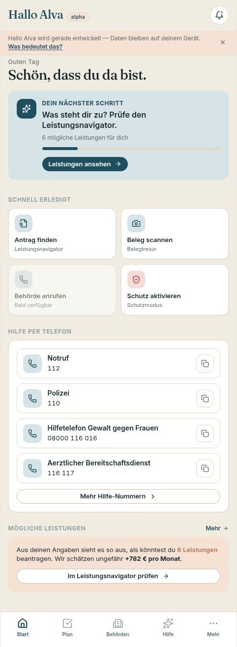 Dashboard der Hallo-Alva-App