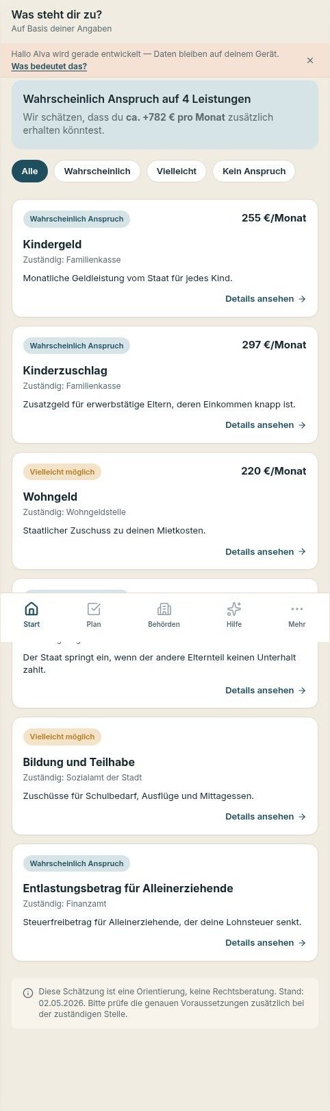 Leistungsnavigator der Hallo-Alva-App