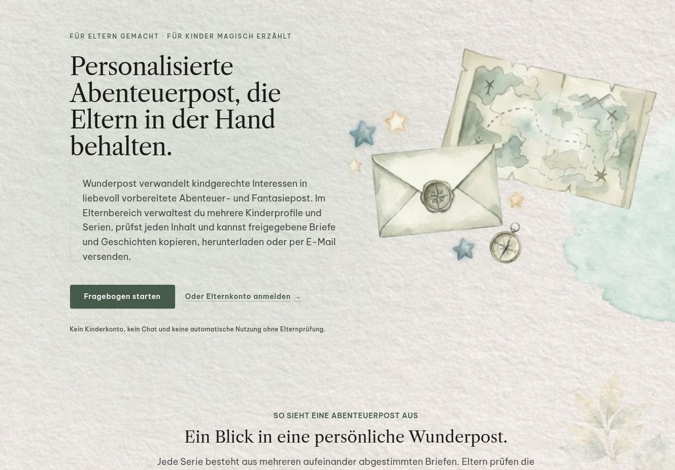 Wunderpost – Startseite der Web-App für personalisierte Abenteuerpost